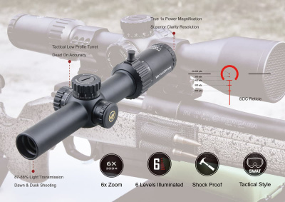 Фото  Taurus 1-6x24 FFP, сетка Tactical Dot Mil, 30 мм, тактические барабаны, азотозаполненный, с подсветкой (SCFF-27)