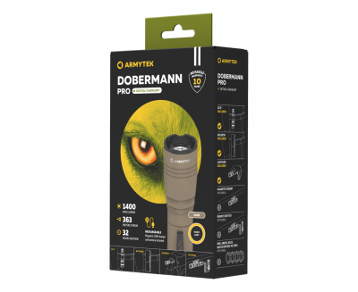 Фонарь тактический Armytek Dobermann Pro Magnet USB / XHP35.2 HI / Теплый /1400 лм / 5°:40° / 1x18650 (в комплекте) (SAND/TAN) — интернет-магазин «Комбат»